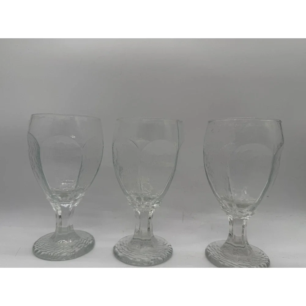 Vintage Clear Textured Glass Goblets Set of 3 Bark Base Paneled Water Wine 6.25